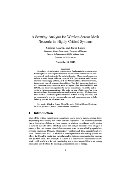 A Security Analysis for Wireless Sensor Mesh Networks in Highly Critical Systems