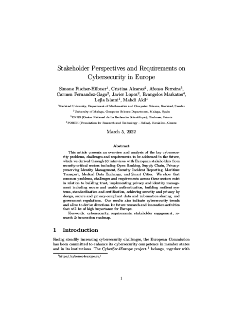 Stakeholder Perspectives and Requirements on Cybersecurity in Europe