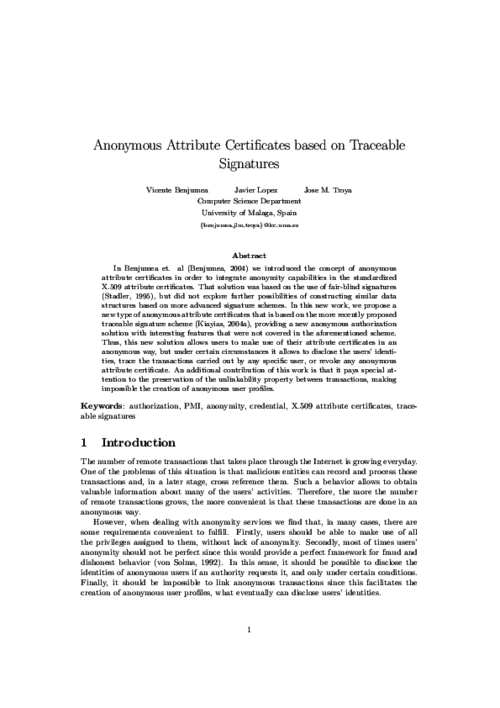 Anonymous Attribute Certificates based on Traceable Signatures
