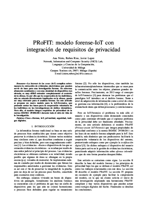 PRoFIT: modelo forense-IoT con integración de requisitos de privacidad