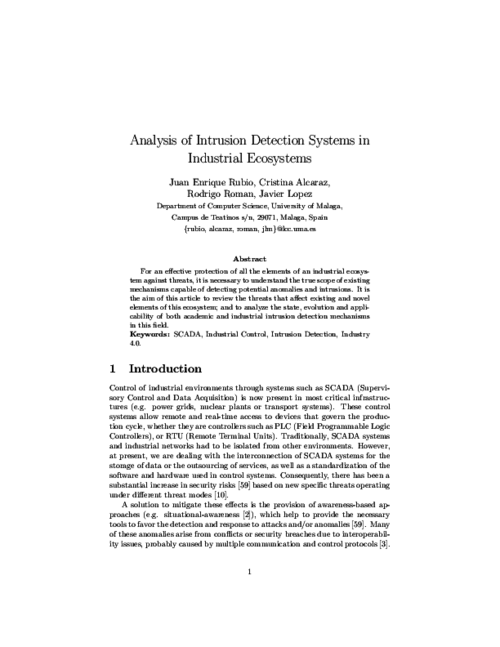 Analysis of Intrusion Detection Systems in Industrial Ecosystems