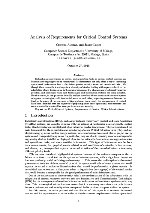 Analysis of Requirements for Critical Control Systems