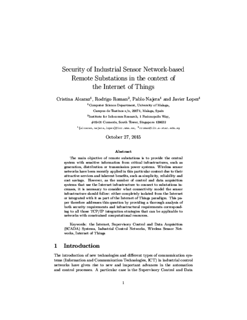 Security of Industrial Sensor Network-based Remote Substations in the context of the Internet of Things