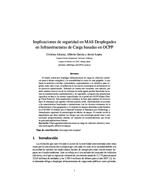 Implicaciones de seguridad en MAS Desplegados en Infraestructuras de Carga basadas en OCPP