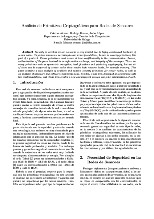 Análisis de primitivas criptográficas para redes de sensores