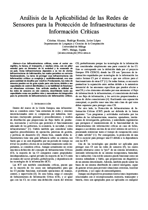 Análisis de la Aplicabilidad de las Redes de Sensores para la Protección de Infraestructuras de Información Críticas