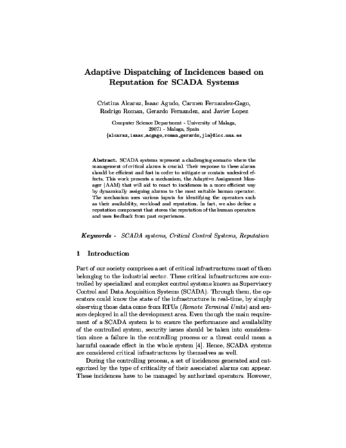 Adaptive Dispatching of Incidences Based on Reputation for SCADA Systems