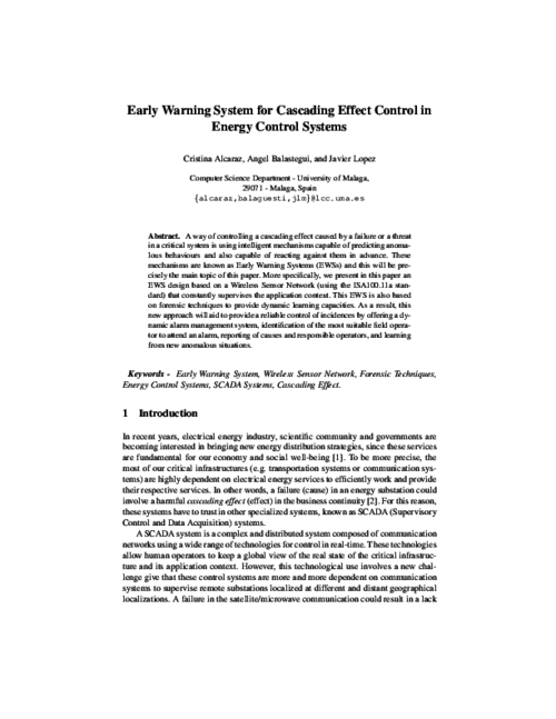 Early Warning System for Cascading Effect Control in Energy Control Systems