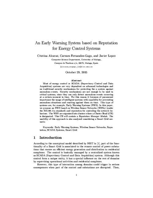 An Early Warning System based on Reputation for Energy Control Systems
