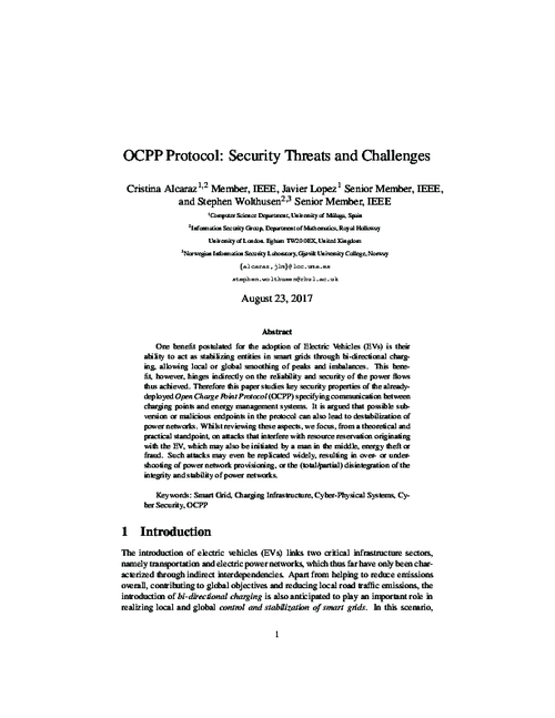 OCPP Protocol: Security Threats and Challenges
