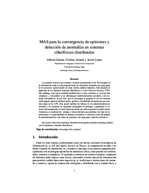 MAS para la convergencia de opiniones y detección de anomalías en sistemas ciberfísicos distribuidos