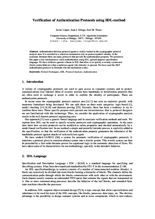 Verification of Authentication Protocols using SDL-method