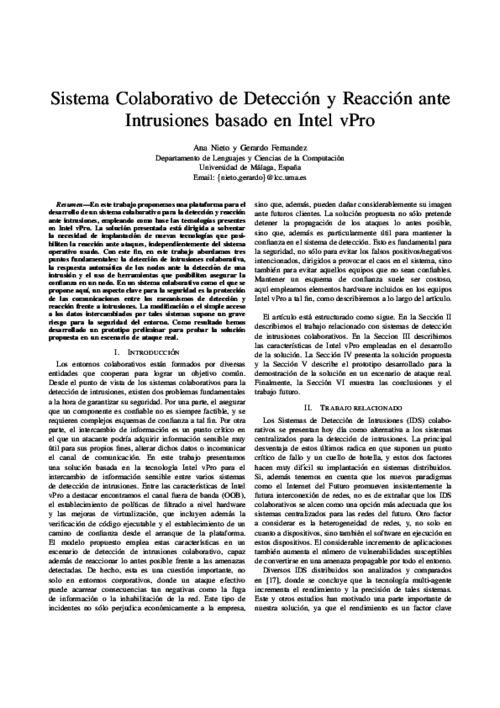 Sistema Colaborativo de Detección y Reacción ante Intrusiones basado en Intel vPro