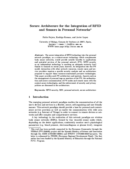 Secure architecure for the integration of RFID and sensors in personal networks