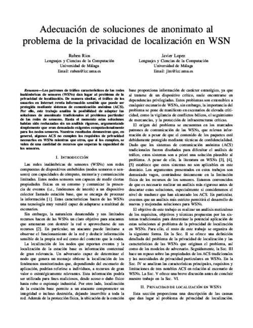 Adecuación de soluciones de anonimato al problema de la privacidad de localización en WSN