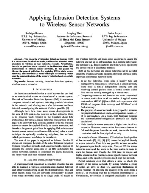 Applying Intrusion Detection Systems to Wireless Sensor Networks
