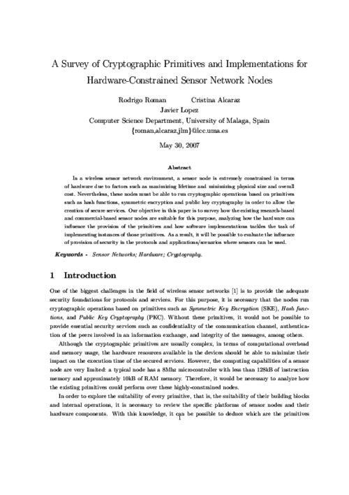 A Survey of Cryptographic Primitives and Implementations for Hardware-Constrained Sensor Network Nodes