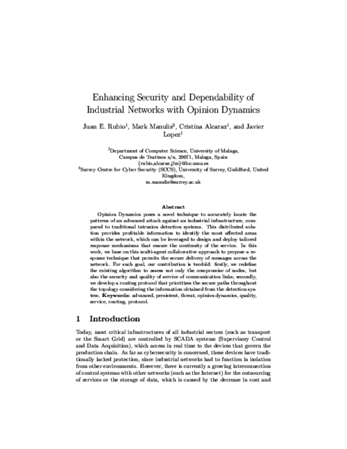 Enhancing Security and Dependability of Industrial Networks with Opinion Dynamics