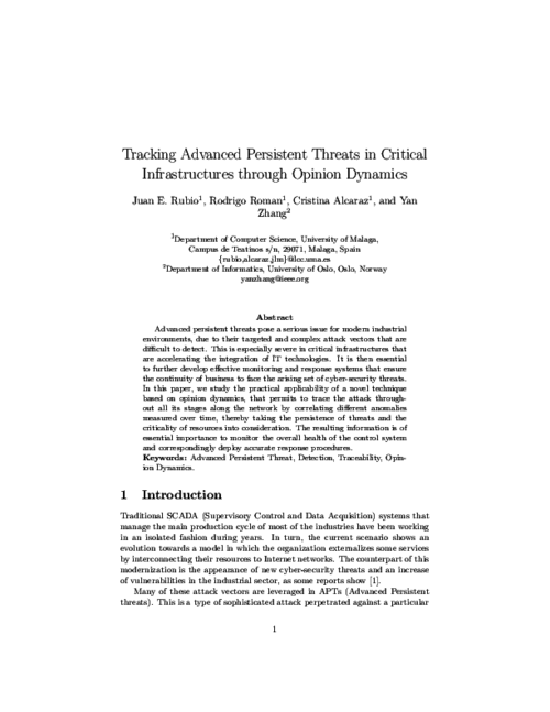 Tracking Advanced Persistent Threats in Critical Infrastructures through Opinion Dynamics