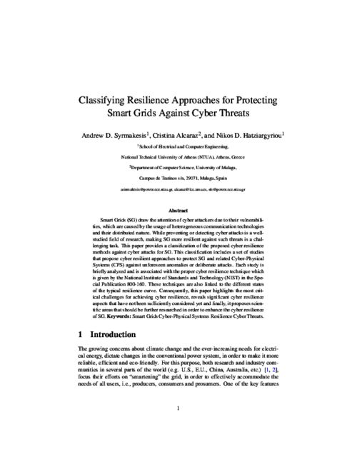 Classifying resilience approaches for protecting smart grids against cyber threats