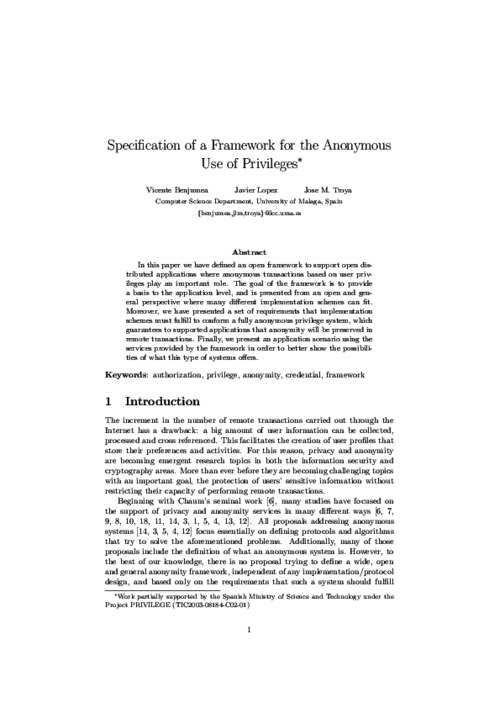 Specification of a Framework for the Anonymous Use of Privileges