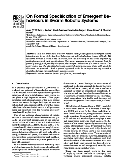 On the Formal Specification of Emergent Behaviours of Swarm Robotics Systems