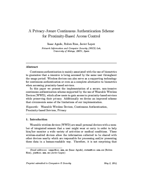 A Privacy-Aware Continuous Authentication Scheme for Proximity-Based Access Control