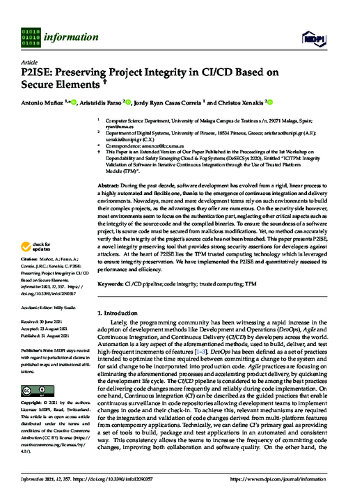 P2ISE: Preserving Project Integrity in CI/CD Based on Secure Elements