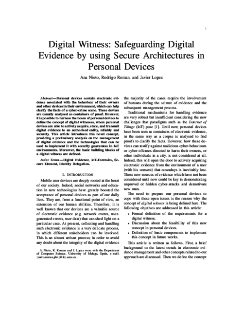 Digital Witness: Safeguarding Digital Evidence by using Secure Architectures in Personal Devices