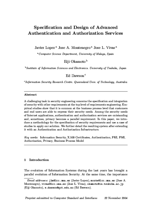Specification and Design of Advanced Authentication and Authorization Services