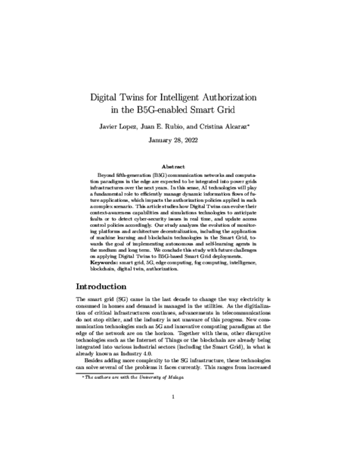 Digital Twins for Intelligent Authorization in the B5G-enabled Smart Grid