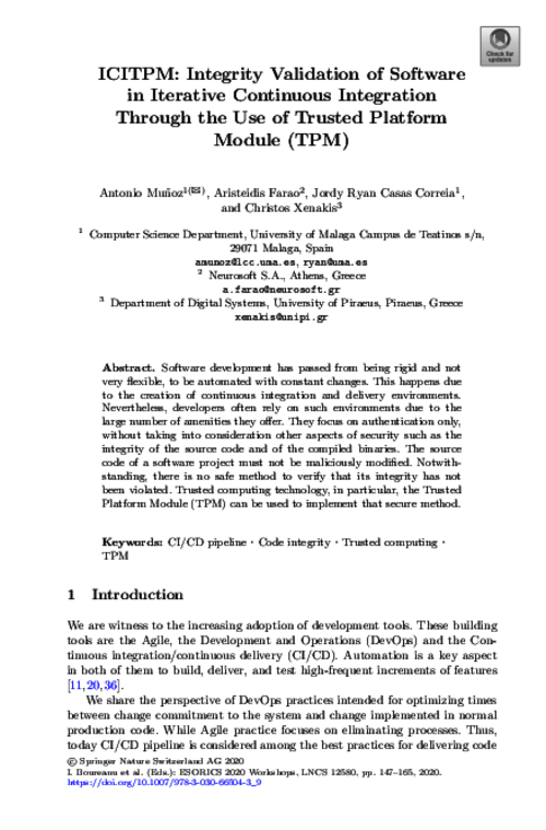 ICITPM: Integrity validation of software in iterative Continuous Integration through the use of Trusted Platform Module (TPM)