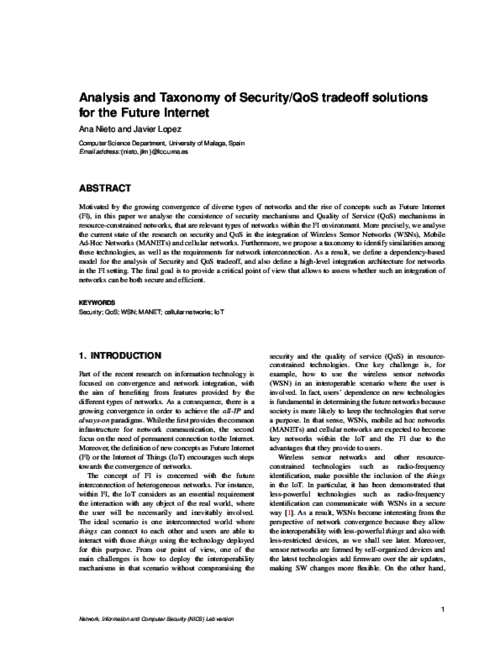 Analysis and Taxonomy of Security/QoS tradeoff solutions for the Future Internet