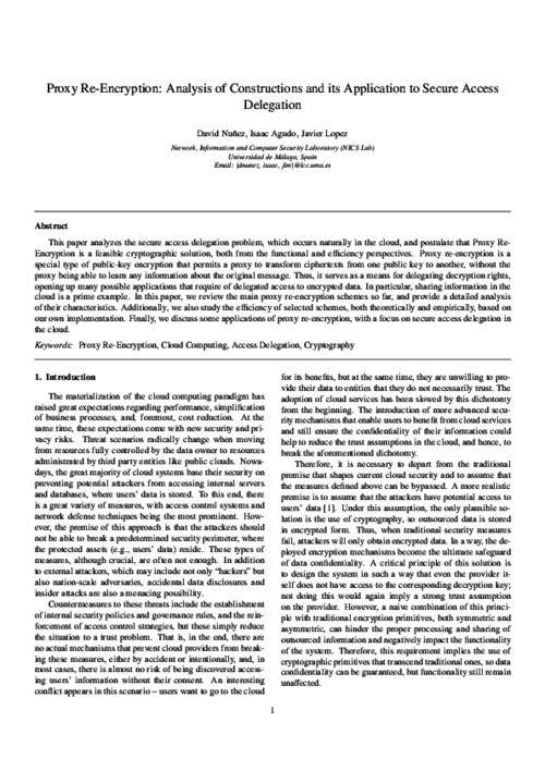 Proxy Re-Encryption: Analysis of Constructions and its Application to Secure Access Delegation