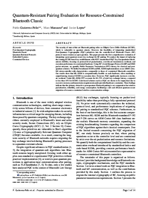 Quantum-Resistant Pairing Evaluation for Resource-Constrained Bluetooth Classic