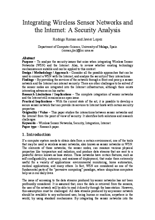 Integrating Wireless Sensor Networks and the Internet: A Security Analysis