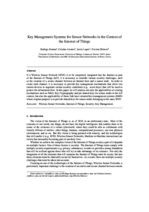 Key management systems for sensor networks in the context of the Internet of Things