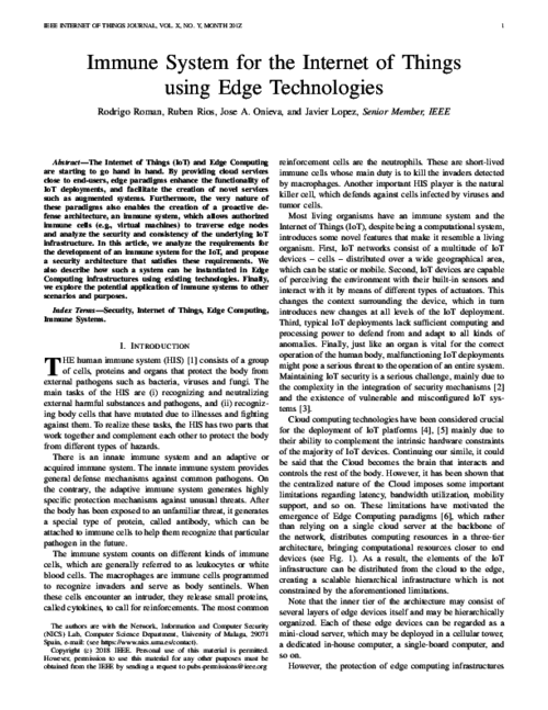 Immune System for the Internet of Things using Edge Technologies